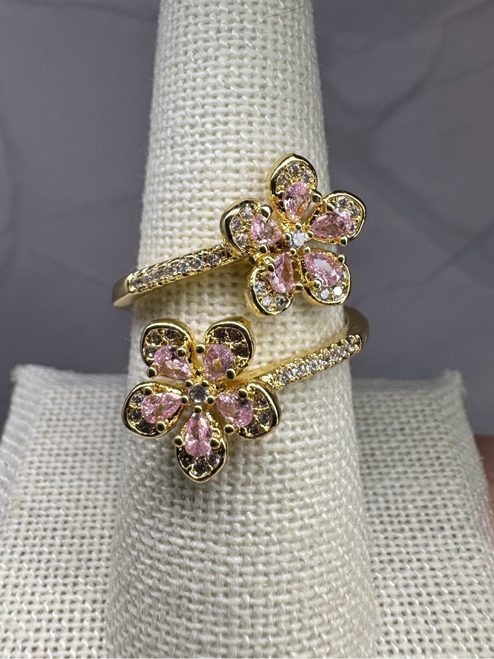 Adjustable Ring Gold Floral Open Ring with Pink Gem Accents CZ plated GP NEW